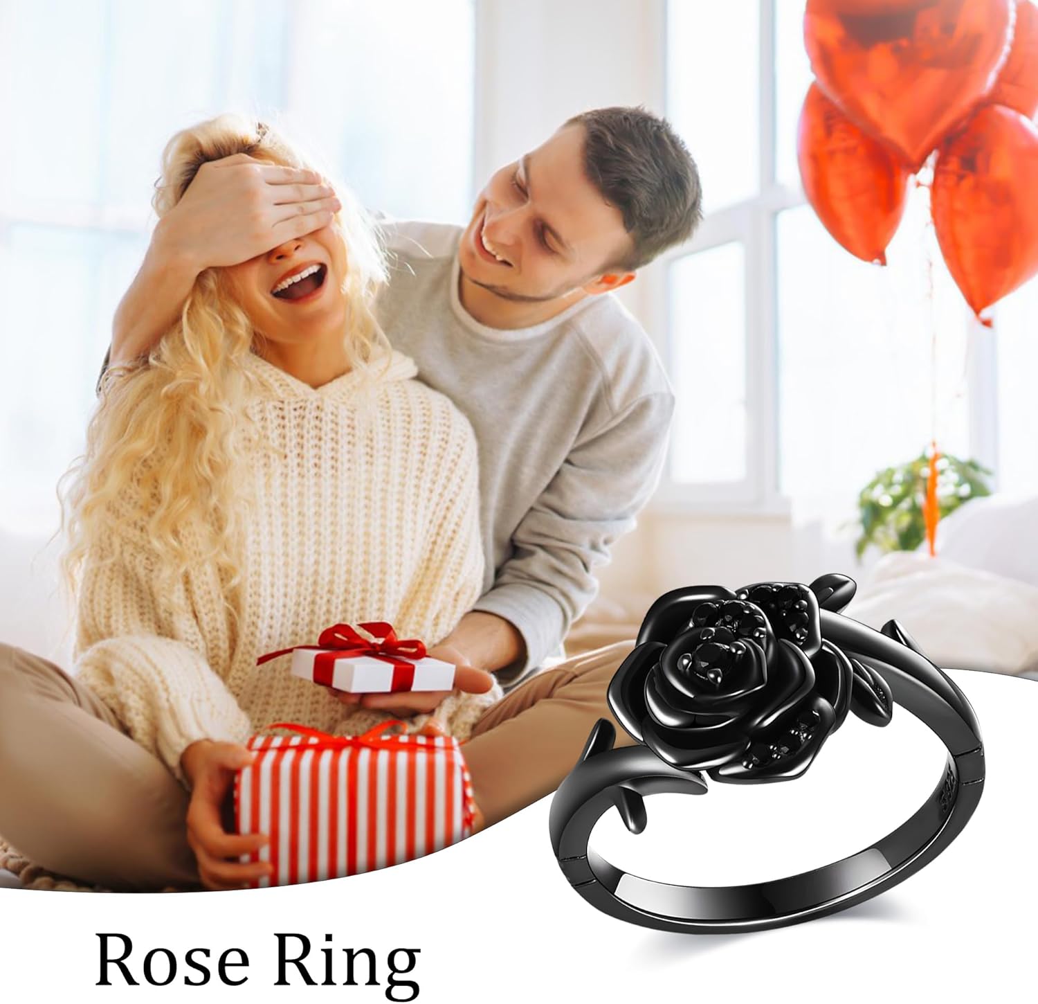 Black Rose Flower Ring Sterling Silver Goth Black Rose Jewelry Gift for Women