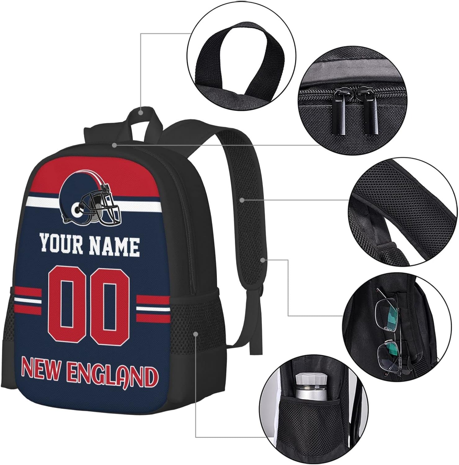 New England Backpack Custom Football Style Backpack Personalized Name and Number Backpacks Customized High Capacity Bag Gifts for Men Women Fans - Image 3
