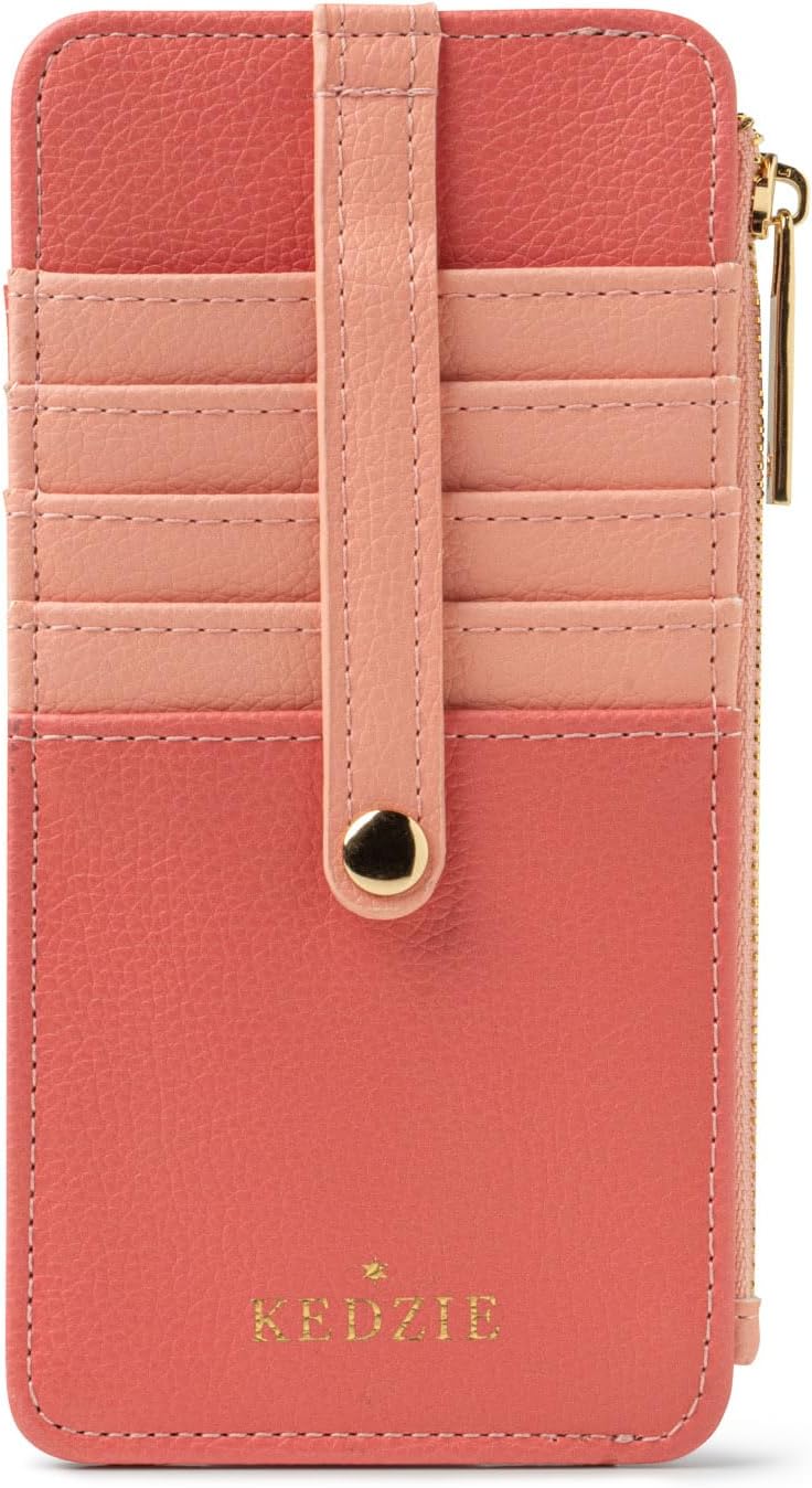 KEDZIE Essentials Only Women's Zippered Wallet in Vegan Leather Small Card Holder Wallet Exterior ID Window - Coral