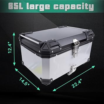 65L Motorcycle Top Case Tail Box, Aluminum Motorcycle Waterproof Top Box 65L with Security Lock for Storage Helmet Luggage, Silver