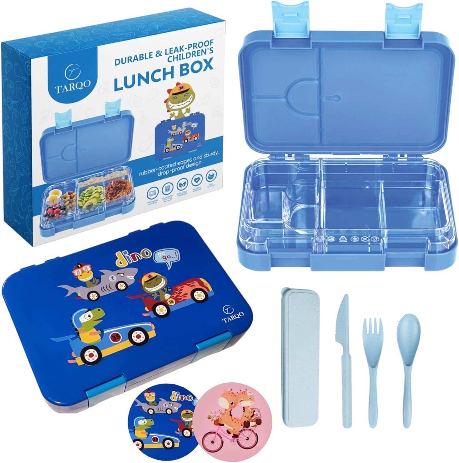 Dinosaur Lunch Box for boys,Leak Proof-durable-lightweight-easy to clean-safe, kids cute Bento lunchBox for School, Kindergarten with Cutlery set, Toddler insulated 4/6 Compartments 1100ml - Blue