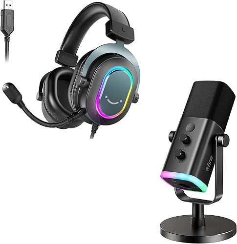 FIFINE Micrófono XLRUSB y auriculares para videojuegos, grabación de computadora, micrófono de transmisión con botón de silencio, RGB, auriculares