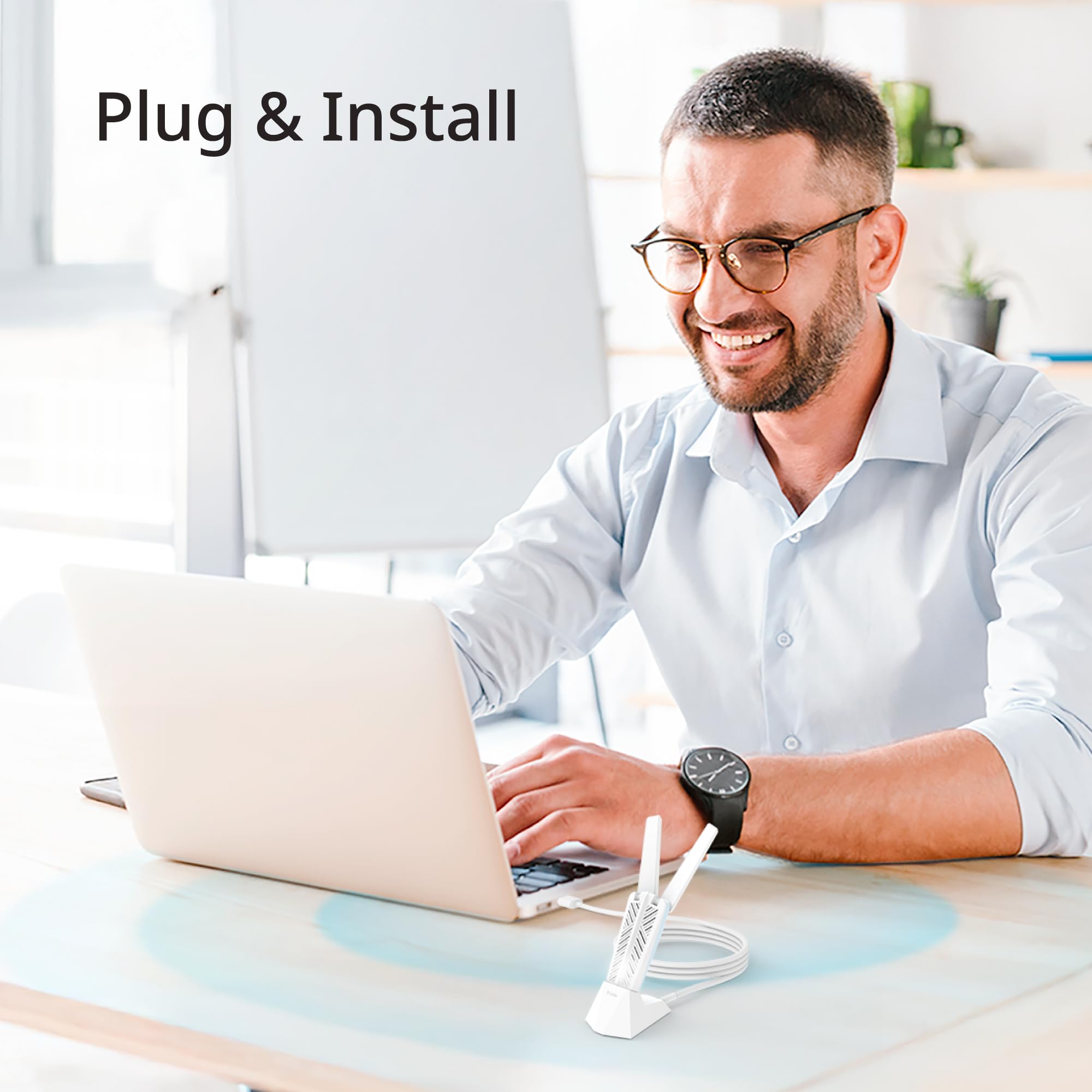 D-Link AE65U Adattatore USB Wi-Fi 7 BE6500 – Tri-Band 6,5Gbps, MLO, USB 3.0, 4096-QAM, Sicurezza WPA3, Antenne Pieghevoli con Base – Windows 11/10