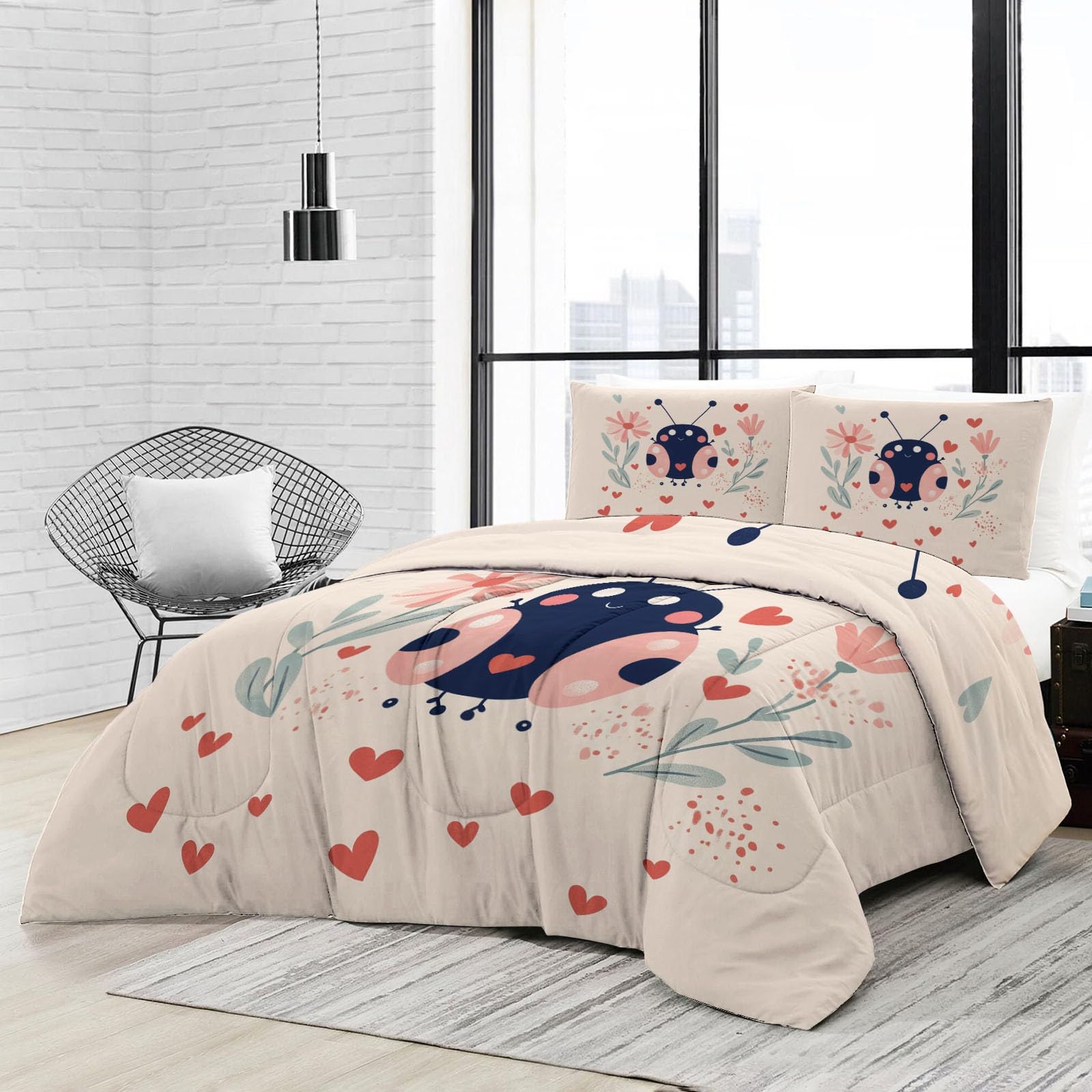 Lindos Insectos De Dibujos Animados Edredón nórdico de Microfibra 155x220 cm – Relleno nórdico 4 Estaciones – Ultra Suave Ligero, Reversible y Transpirable, Rosa Claro