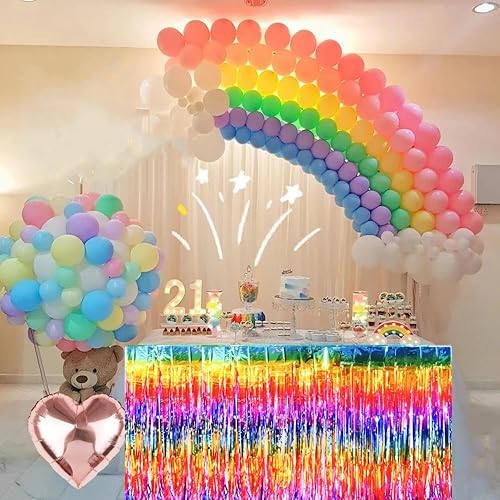 Miniatura 7 de Decoraciones de fiesta de serpentinas de arco iris, 2 paquetes de faldas de mesa arcoíris degradadas con flecos metálicos para cumpleaños,