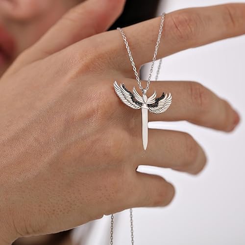 Miniatura 6 de Archangel Michael Sword Pendant in Sterling Silver, Black Stone Accents, Adjustable Chain for Spiritual Wear, Thoughtful Spiritual Gift