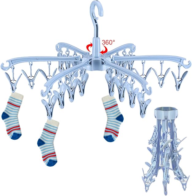 GmeDhc 24 Pegs Folding Sock Dryer, Sock Hanger for Washing Line, Hanging Clothes Drying Racks, Rotable Sock Hangers with Clips, for Clothes Underwear Socks Lingerie (blue)