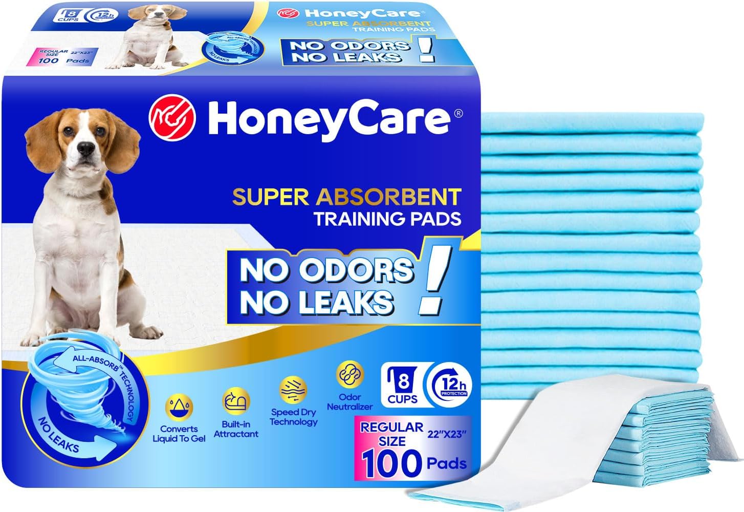 HONEY CARE All-Absorb, Large 22" x 23", 100 Count, Dog and Puppy Training Pads, Ultra Absorbent and Odor Eliminating, Leak-Proof 5-Layer Potty Training Pads with Quick-Dry Surface, Blue, A01