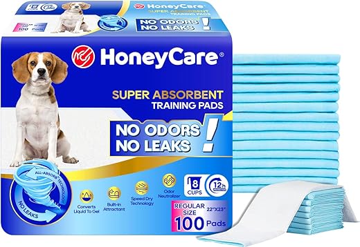 HONEY CARE All-Absorb, Large 22″ x 23″, 100 Count, Dog and Puppy Training Pads, Ultra Absorbent and Odor Eliminating, Leak-Proof 5-Layer Potty Training Pads with Quick-Dry Surface, Blue, A01