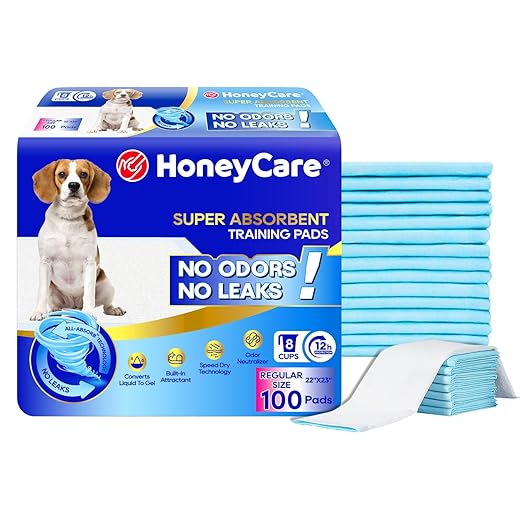 HONEY CARE All-Absorb, Large 22" x 23", 100 Count, Dog and Puppy Training Pads, Ultra Absorbent and Odor Eliminating, Leak-Proof 5-Layer Potty Training Pads with Quick-Dry Surface, Blue, A01