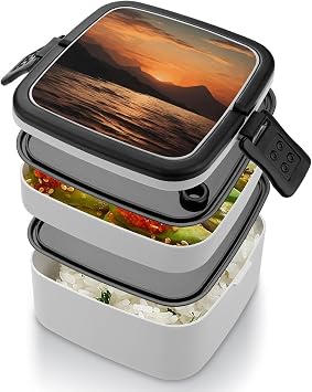 Bento Box Adult Lunch Box Lunchable Food Container with Utensil Mountain And Water at Sunset Lunchbox Leak-Proof Lunch Containers Double Layer Bento Box for Dining Out Work Picnics Travel