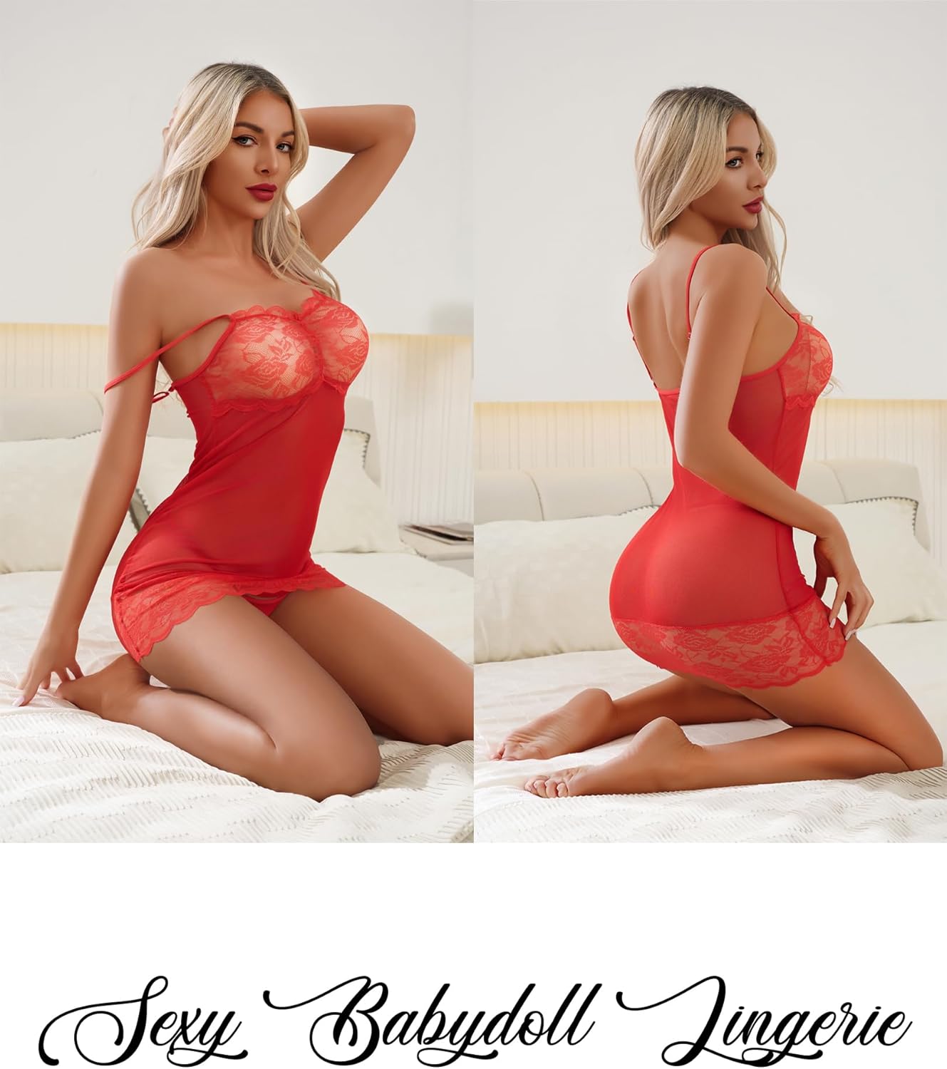 Sexy Lingerie for Women Mesh Nightgown Babydoll Chemise Lace Boudoir Outfits Nightwear Lingerie with G-String - Image 6