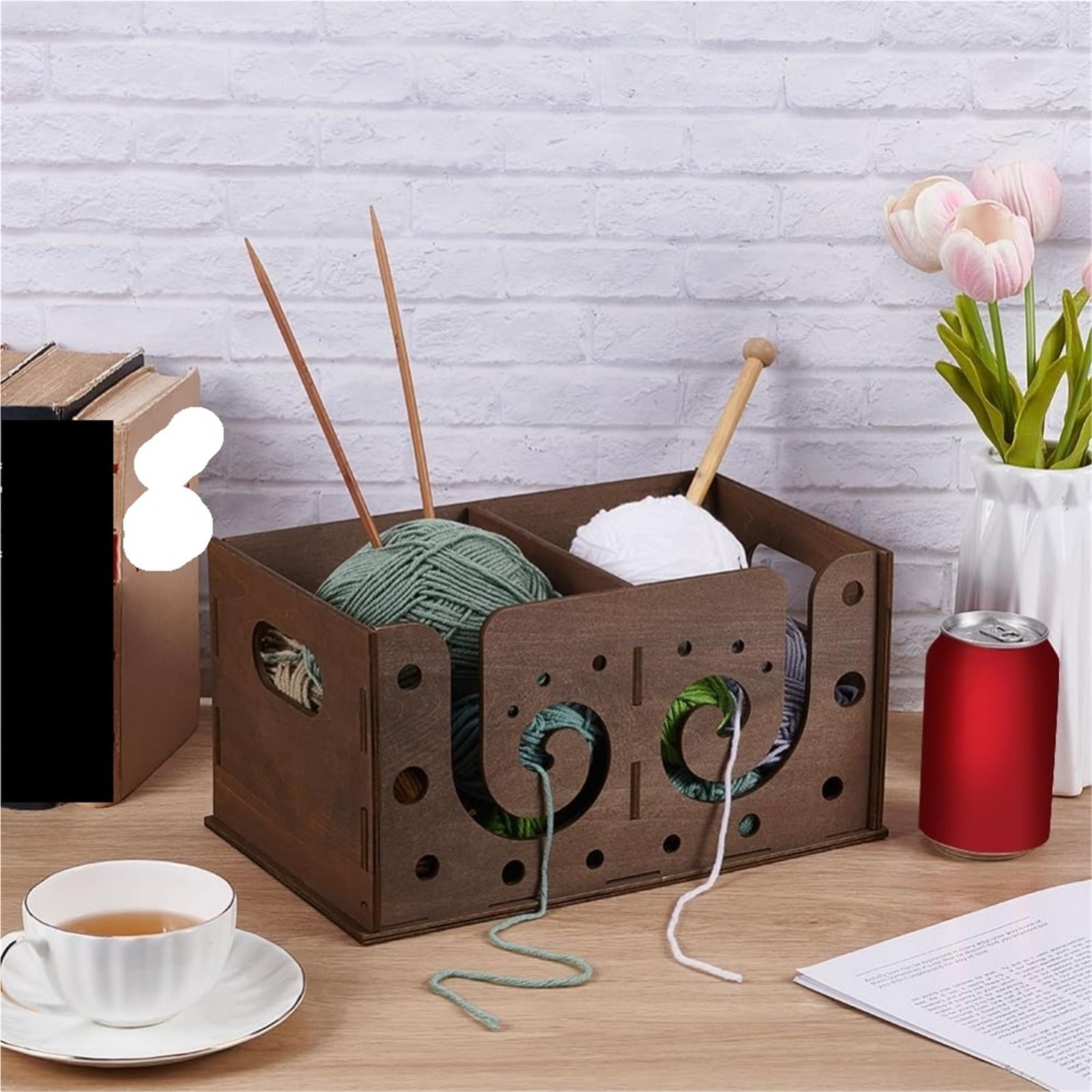 Garnschale Garnbox aus Holz, Kamelfarben, Holzgarnschale, multifunktionales Fachdesign, Aufbewahrungsbox for Strickwerkzeuge