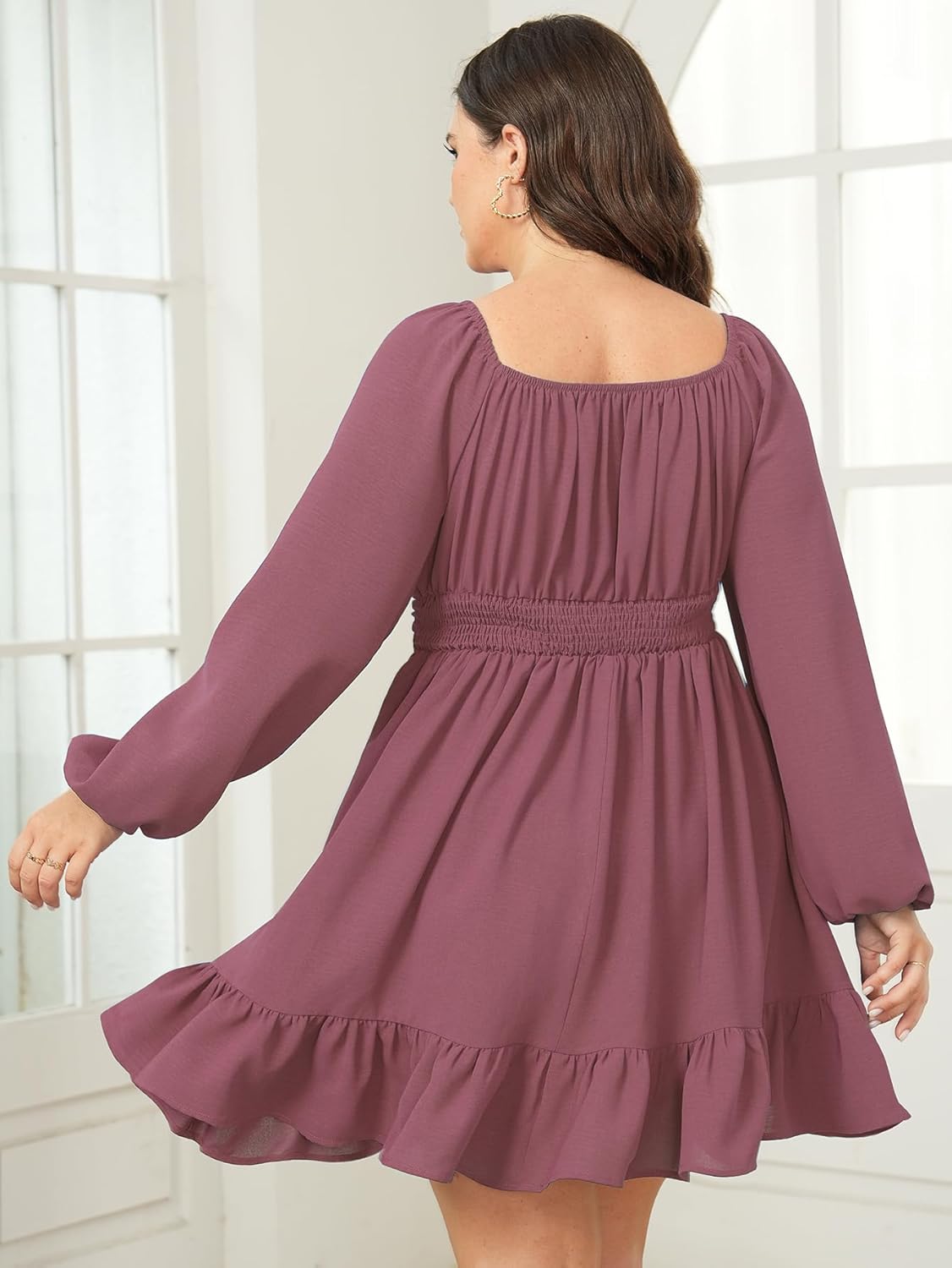 Womens Plus Size Dress Long Lantern Sleeve Square Neck Elastic Waist A-Line Mini Short Dress - Image 4