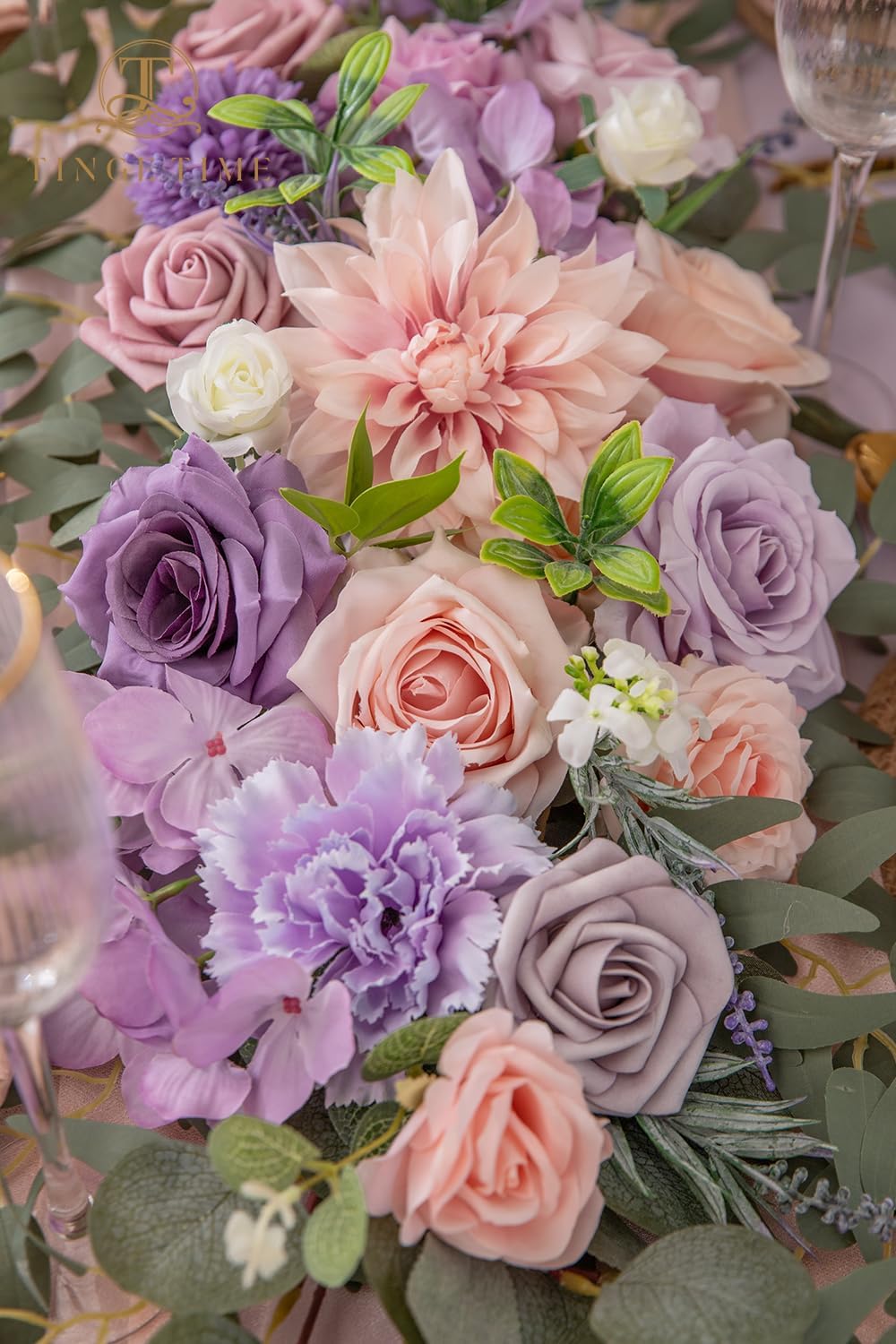 TINGE TIME Violet & Misty Rose Flower Garlands, 2 PCS Artificial Eucalyptus Garlands, Handcraft Artificial Rose Arch Flowers for Wedding Arch Sweetheart Table Ceremony Backdrop Decorations for Home