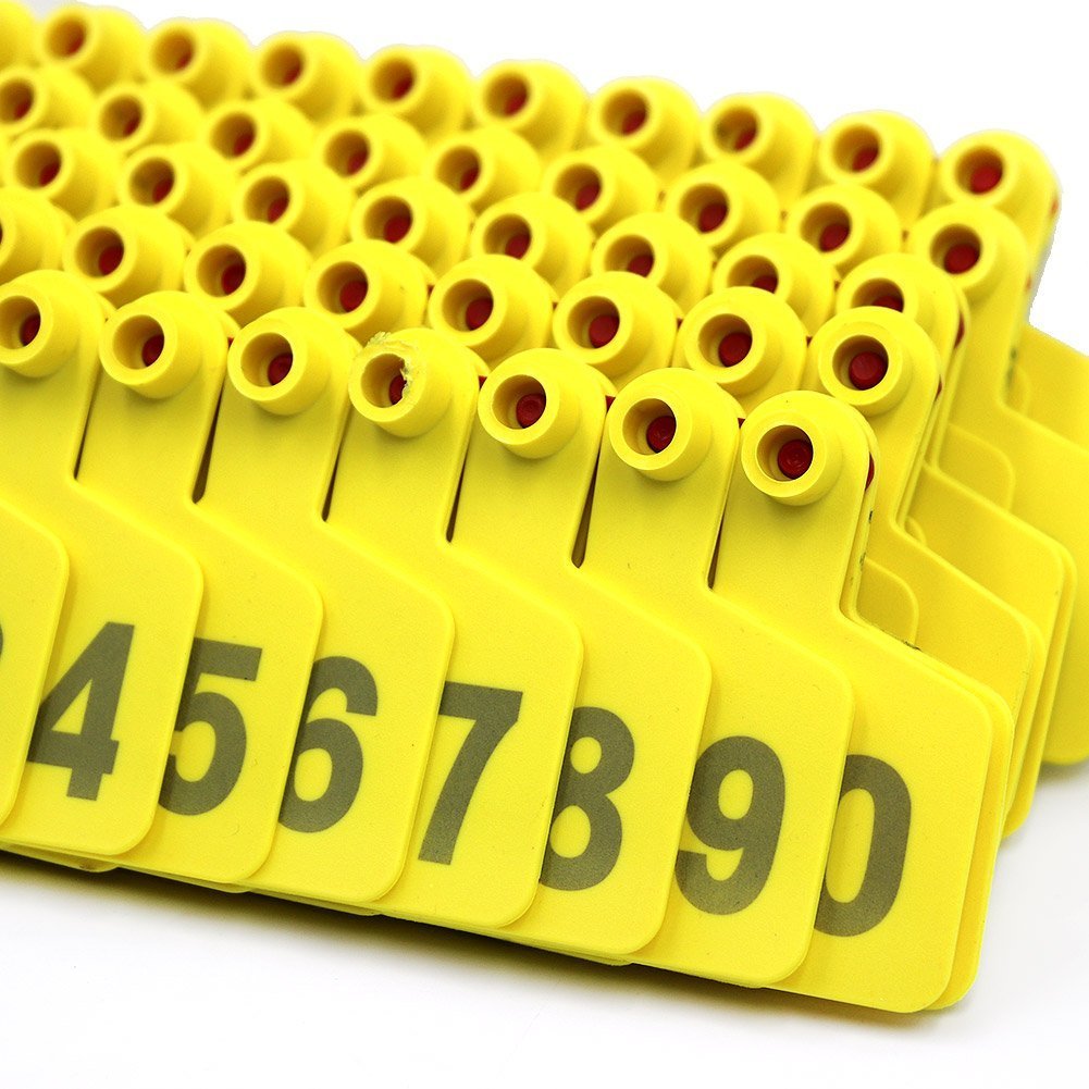 Marques Auriculaires d'Identification Animale en Plastique, Grand Format Numérotées 001 à 100, Étiquettes Auriculaires pour Moutons, Bovins, Veaux et Porcs, Couleur Jaune