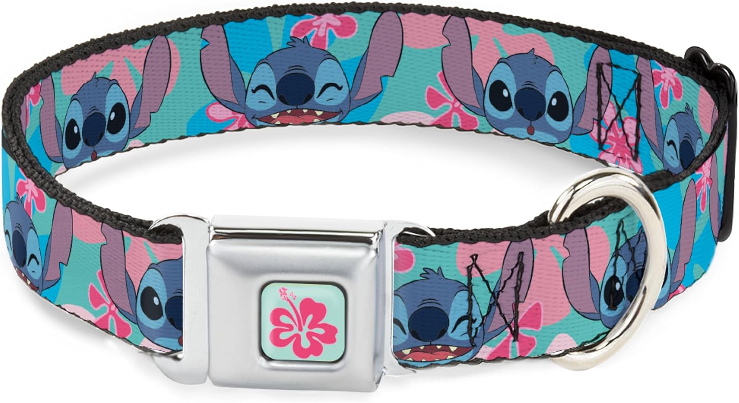 Disney Pet Collar, Dog Collar Metal Seatbelt Buckle, Lilo and Stitch Stitch Expressions and Flowers Blues Pinks, 20 to 31 Inches 1.5 Inch Wide