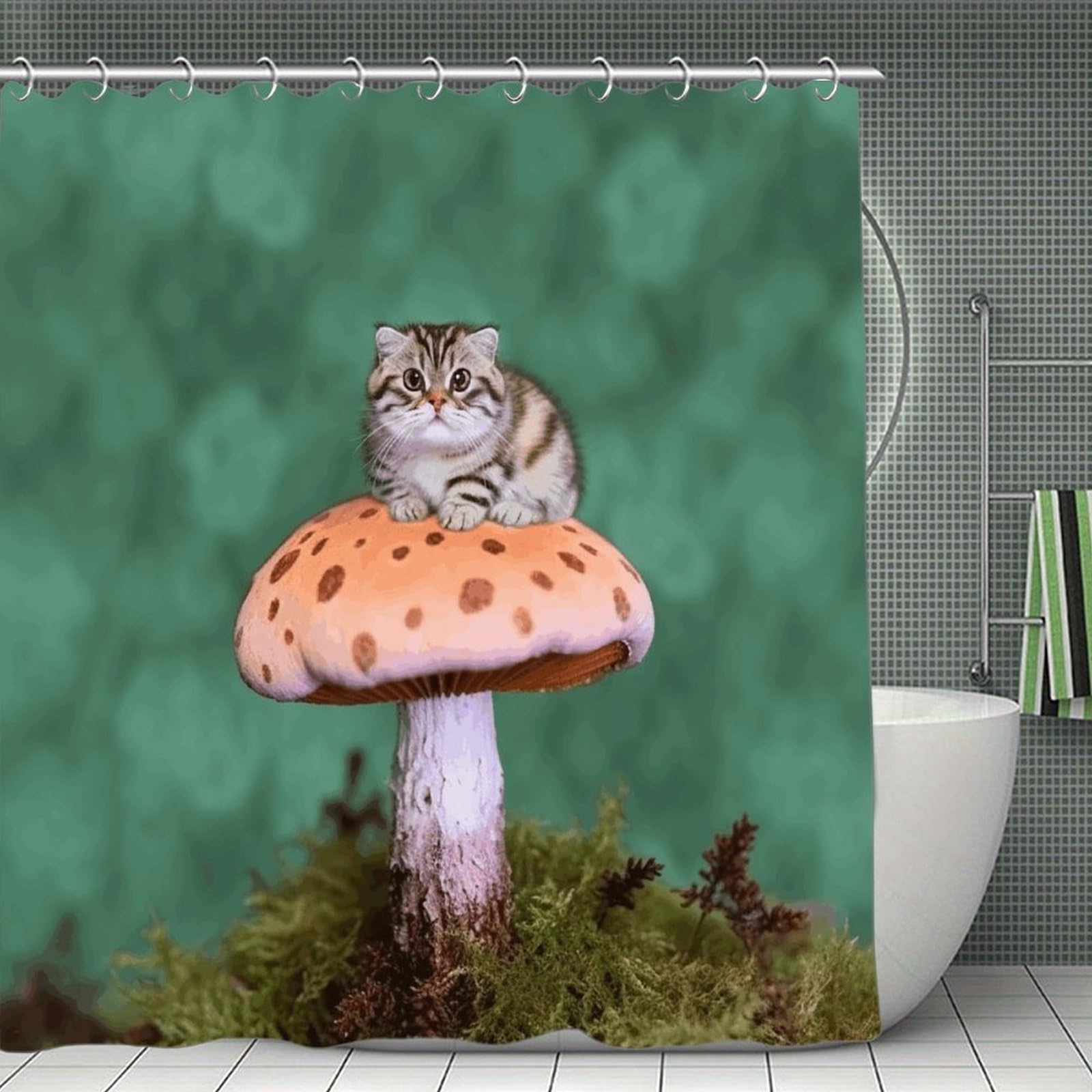 FekiLoot Cat on Mushroom Shower Curtain with Hooks Modern Farmhouse Bathroom Curtain Waterproof Cloth Bath Curtains Cute Washable Blackout Privacy Curtains for Bathroom Bathtub 70.8"x70.8"