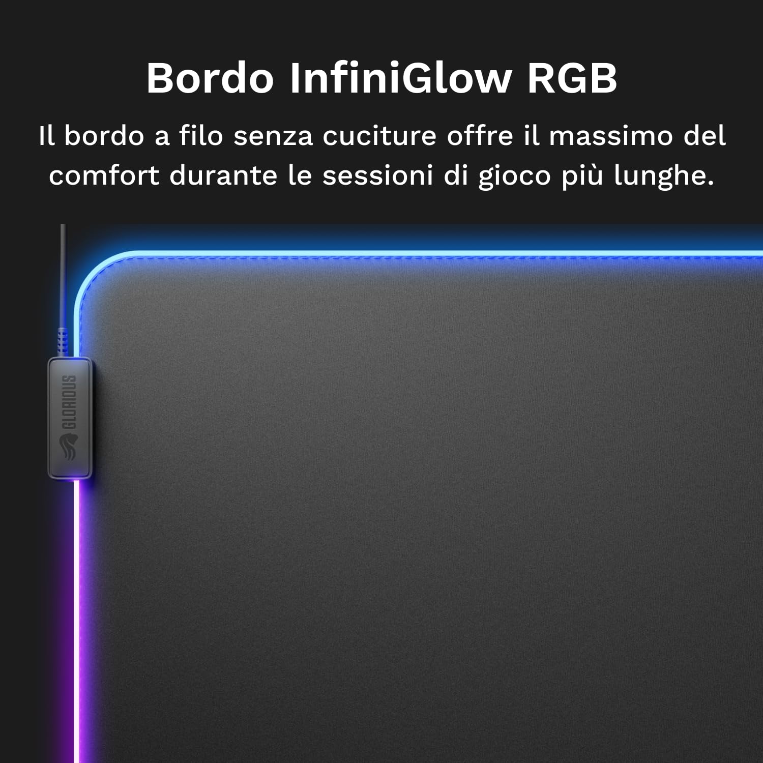 Glorious Gaming Tappetino Mouse GMP 2 GLED XL – 2 zone RGB, bordo InfiniGlow senza cuciture, superficie tessuto premium, base gomma antiscivolo, optima­le per gaming – 465 mm×355 mm×3 mm – Desk mat