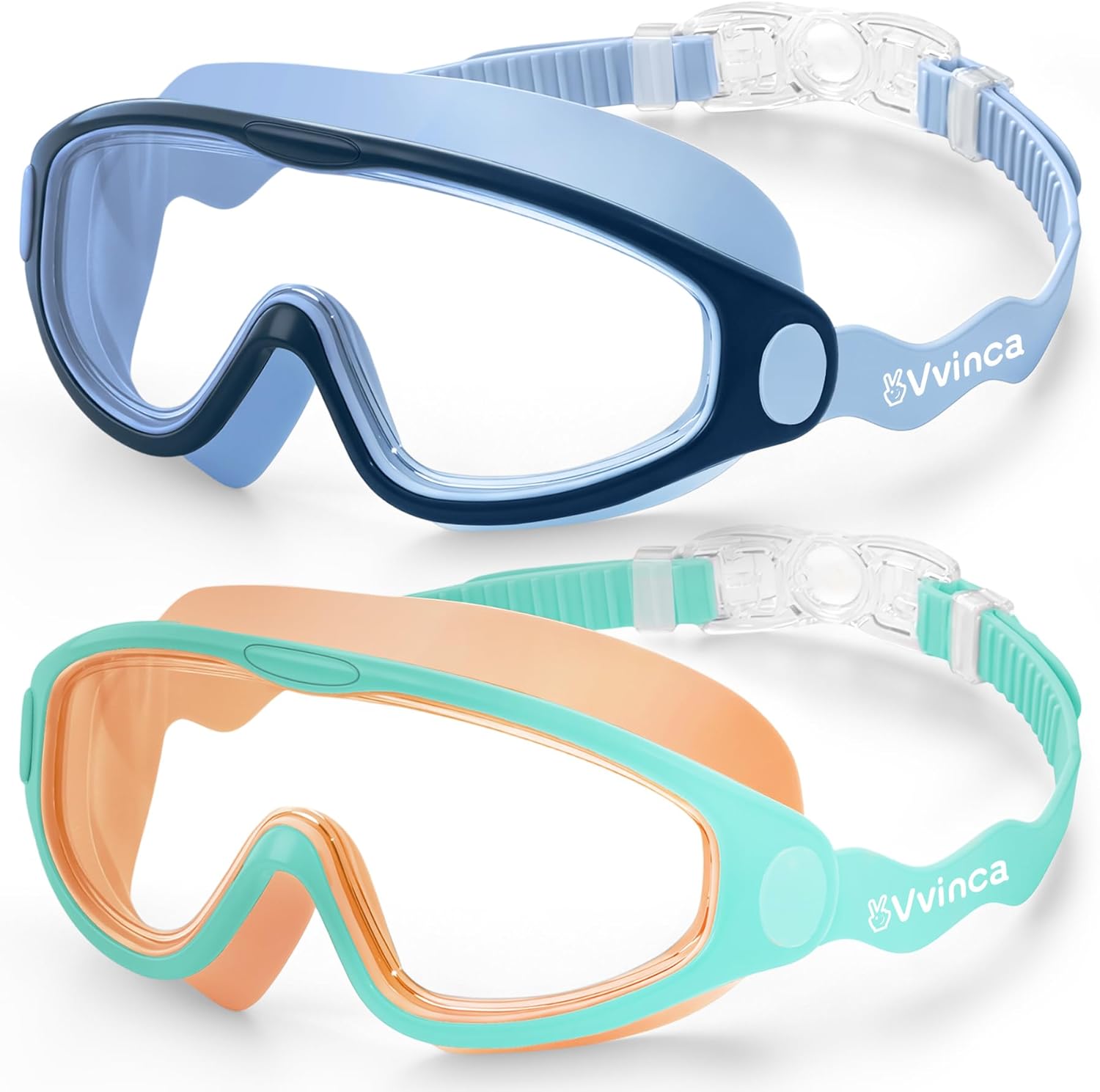 Vvinca Kids Swim Goggles 2 Pack, Soft Wave-Shape Strap (No Hair Pulling), Anti Fog Leak Free Swimming Goggles Boys Girls 3-15