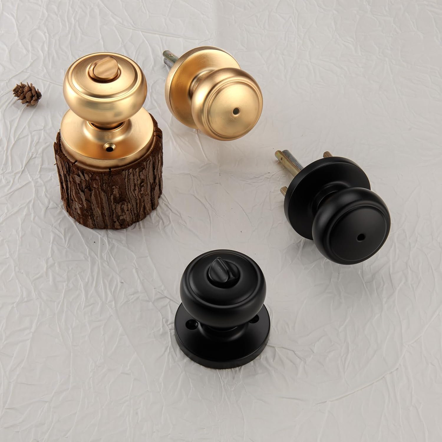 Champagne Bronze Coastal Door Knobs with Lock for Privacy | Aluminum Round Rosette, Turn Lock for Bath & Bedroom