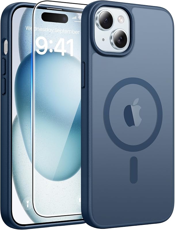 FNTCASE para iPhone 15/14/13, apto para Magsafe, protector de pantalla de vidrio | Mate translúcido, fundas magnéticas para teléfonos, protección contra caídas de grado militar de 14 pies, cubierta protectora delgada a prueba de golpes, azul