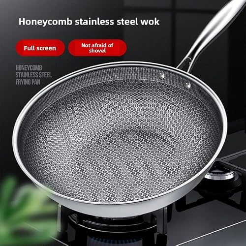 Stainless Steel Wok,Single Sided Honeycomb Sticking Fry Pan, Non-Stick Wok with Detachable Handle,Suitable for Induction,Gas,Electric Stoves (Lid not Included, 32cm) - Image 2