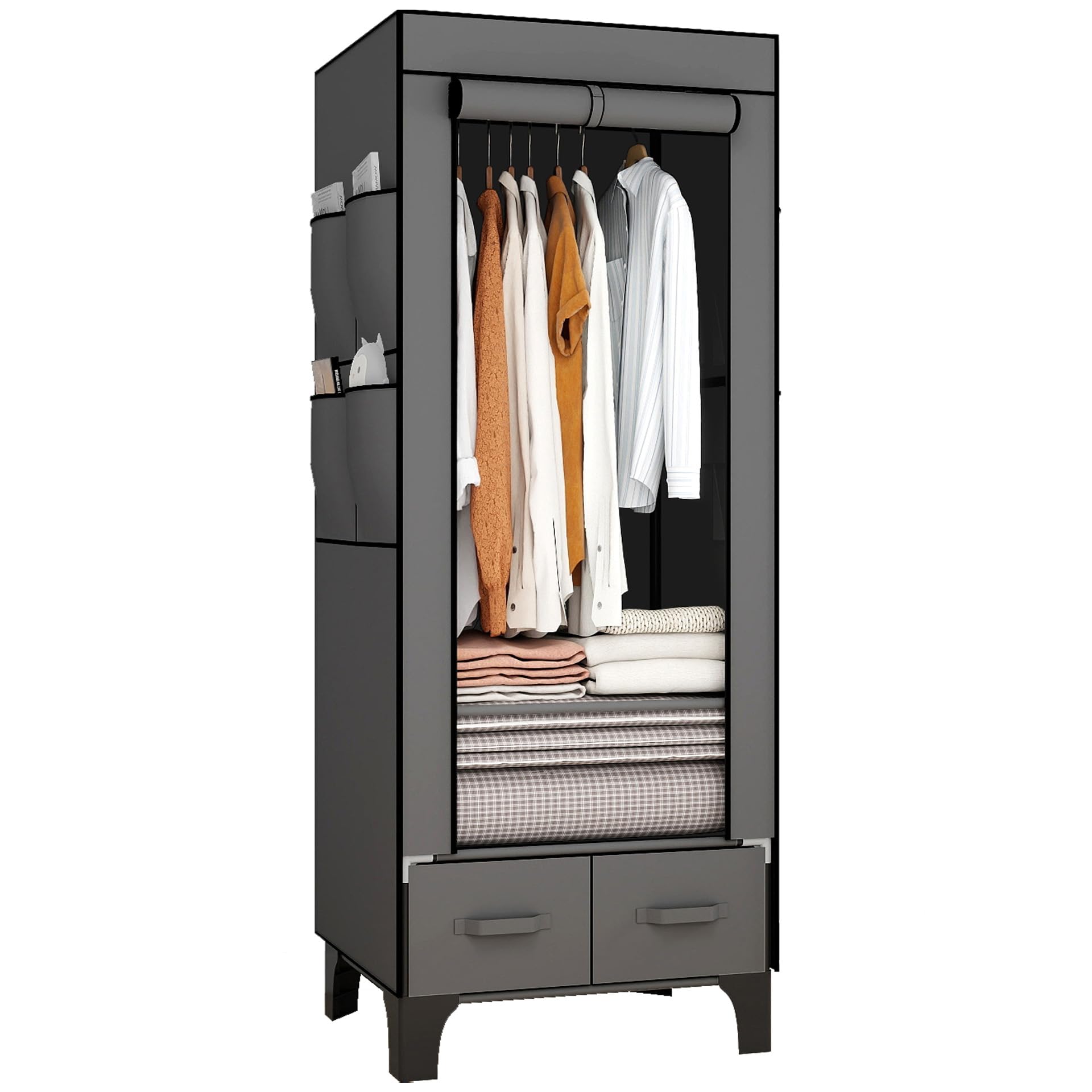 OPPAIYA Armadio in tessuto sottile, robusto, piccolo con 2 cassetti, armadio pieghevole con 8 tasche laterali e copertura, guardaroba per campeggio e camera da letto, nero, 59 x 45 x 160 cm, nero