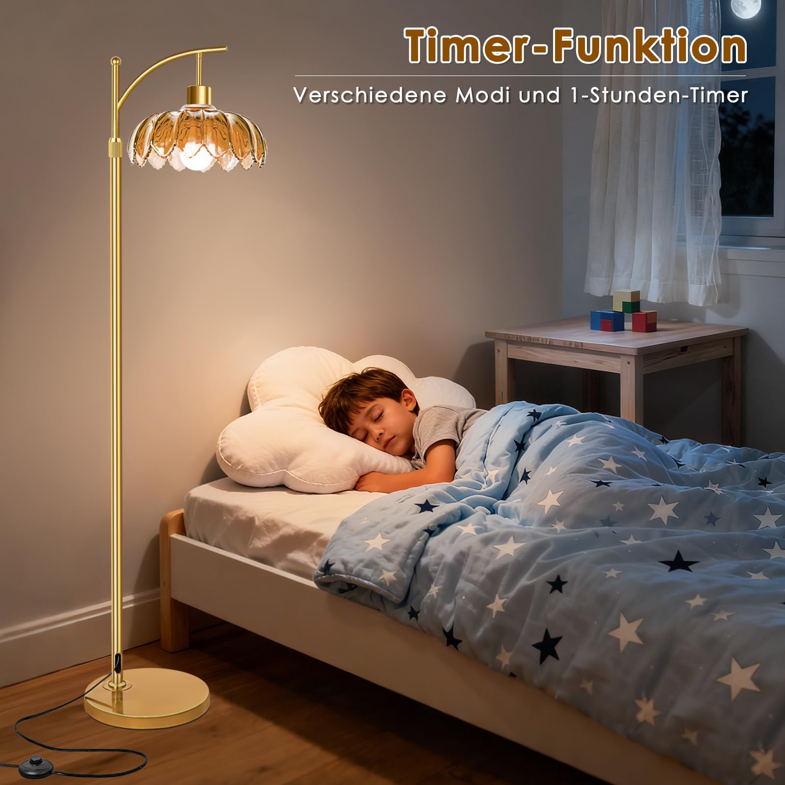 Stehlampe Wohnzimmer Vintage Gold Dimmbar mit Fernbedienung: Moderne LED Leselampe Messing Bogen für Schlafzimmer, Büro, Retro Klassische Design mit Braun Schirm, Boho & Mid Century Modern, Groß 175cm