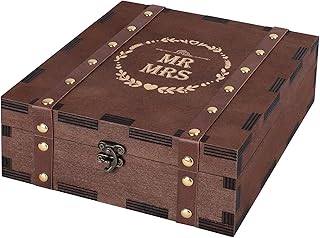MACEVIA Wedding Keepsake Box with Mr & Mrs, Anniversary Wooden Memory Box for Couples, True Love Story Never End - Engraved Bridal Shower Gift, Vintage Decorative Storage Boxes (7.85x7.85x2.95)