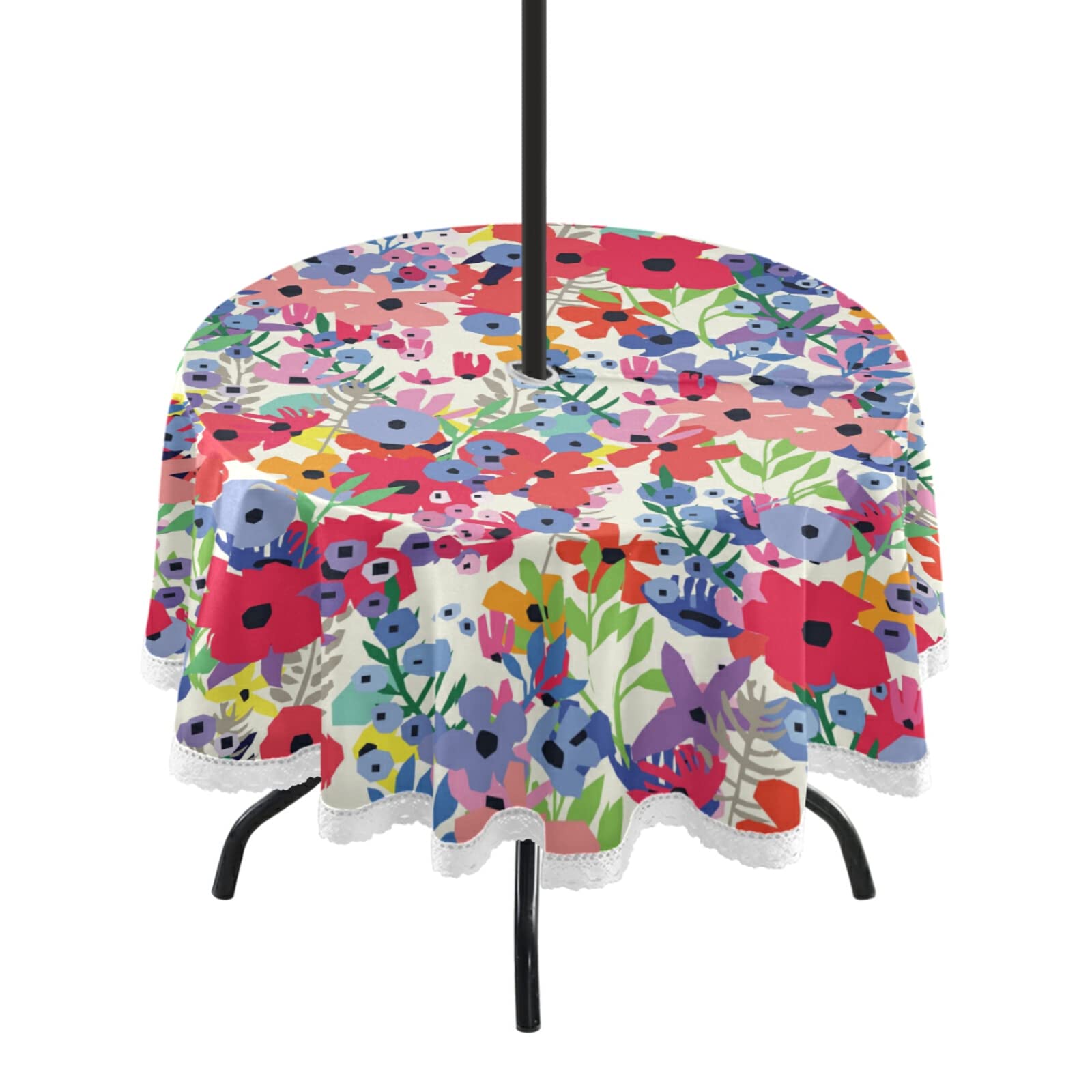 xigua Wildflowers Round Tablecloth with Umbrella Hole, Waterproof Spillproof Polyester Table Cover for Kitchen Patio Garden Dining Party, 60 Inch