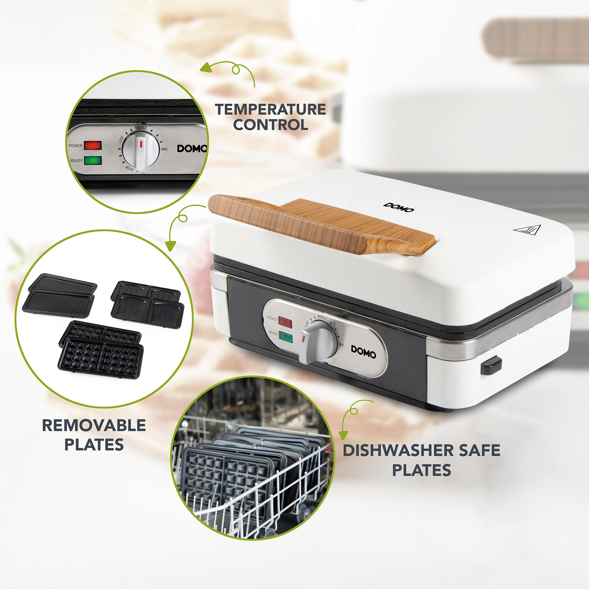 DOMO DO9277C Snack macher 3 in 1 – Sandwichmaker – Piastra per waffle – Griglia a contatto – 1100 W – Bianco