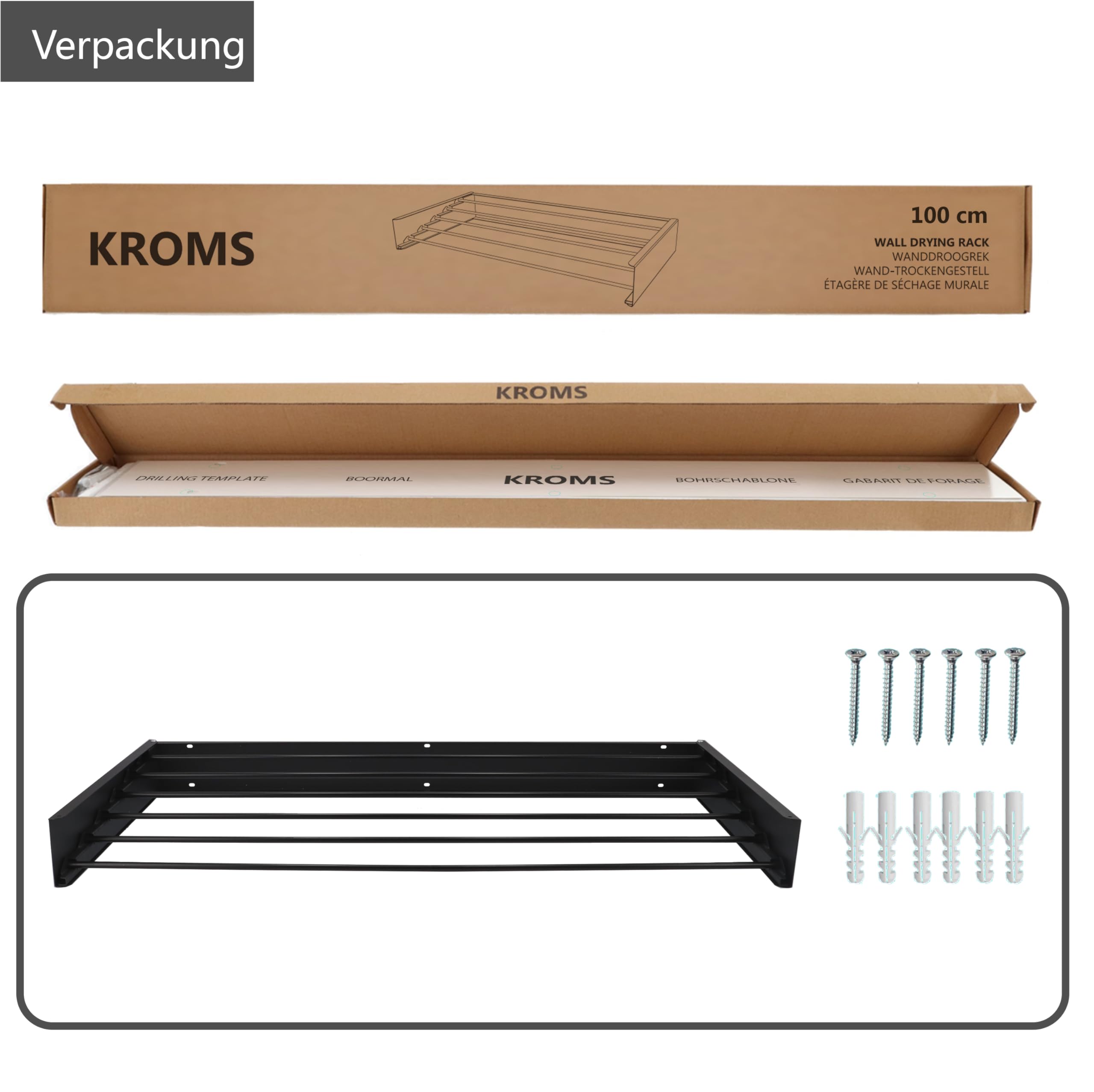 Wäscheständer Ausziehbar XL Komplett Schwarz 100cm – Pulverbeschichtetes Aluminium - 6m Trockenlänge - Wäschetrockner Wand - Wäscheständer Wand