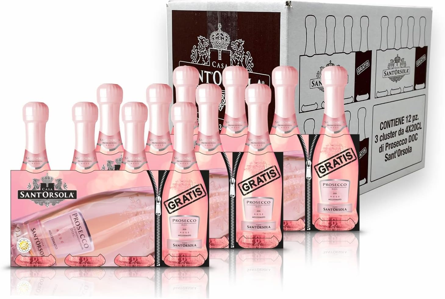 Casa Sant'Orsola - Mini Bottiglie Prosecco D.O.C. Rosè Millesimato Extra Dry, da Uve Glera e Pinot Nero, Gusto Delicato con Note Fruttate e Floreali, 3+1x200 ml