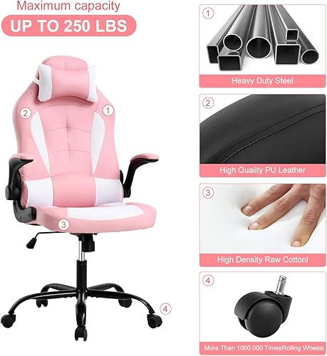 Miniatura 24 de Silla de oficina de piel sintética, silla de juegos de escritorio, respaldo alto, altura ajustable, silla de computadora con soporte lumbar trasero