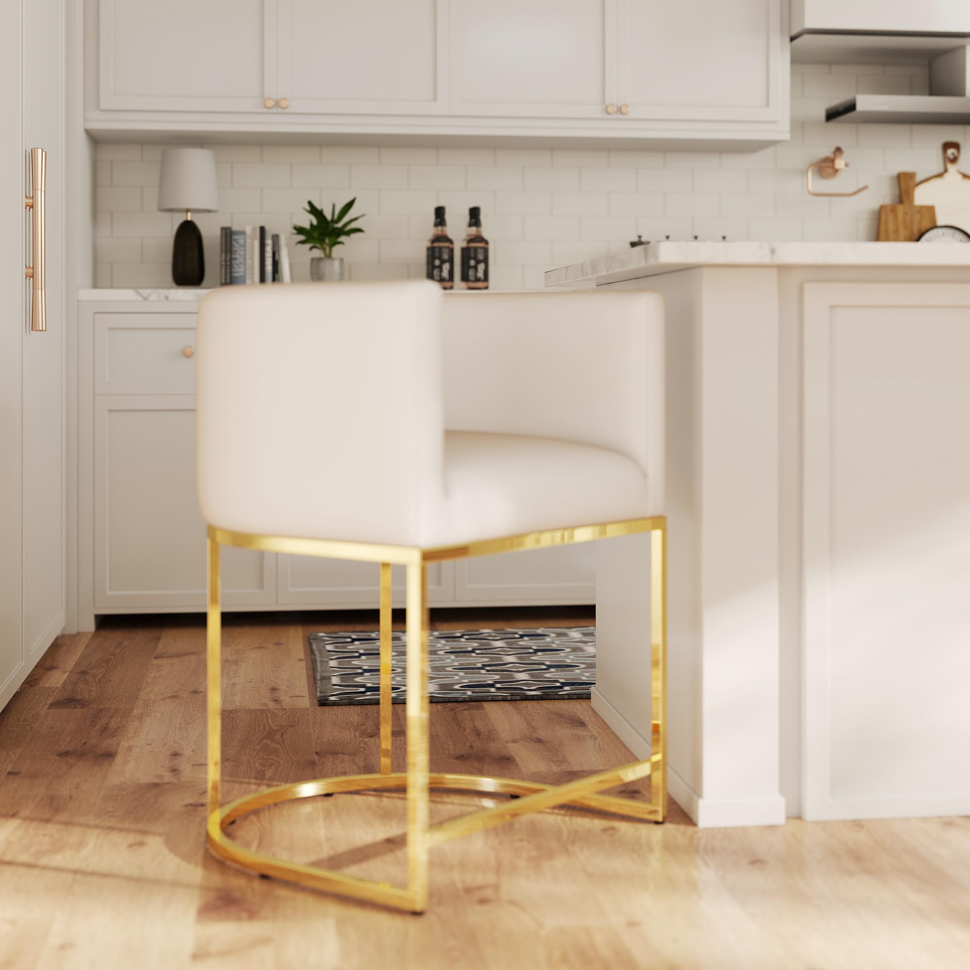 HNY Modern Barrel Counter Height Gold Bar Stool, 24 Inch Kitchen Bar Stool with Back, PU Leather Barstool Bar Height for Island with Golden Metal Tubular Frame, White