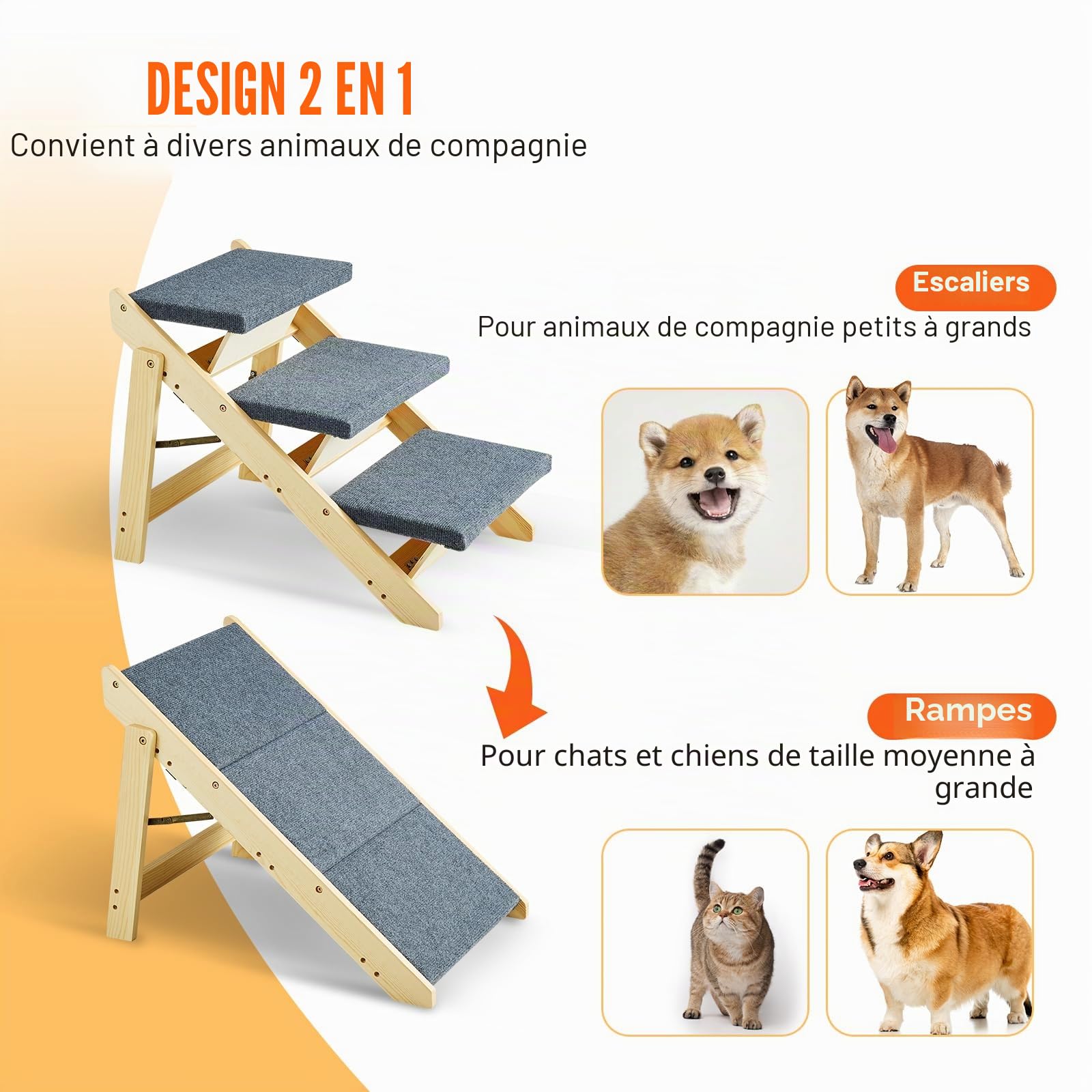 VEVOR Escalier en Bois pour Animaux de Compagnie, 3 marches, Rampe escalier Convertible 2 en 1 pour Chiens de Petites et Grandes Races, capacité Charge 68 kg, pour accès aux Lits, canapés, véhicules