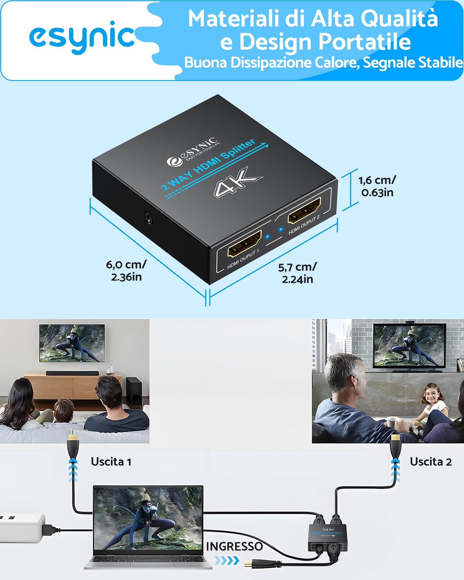 ESYNiC HDMI Splitter 1 in 2 Out 4K/30Hz con Cavo HDMI 1m e USB-C, UHD 4Kx2K Amplificatore Distributore, Supporta 3D 1080P 2160P HDCP 1.4