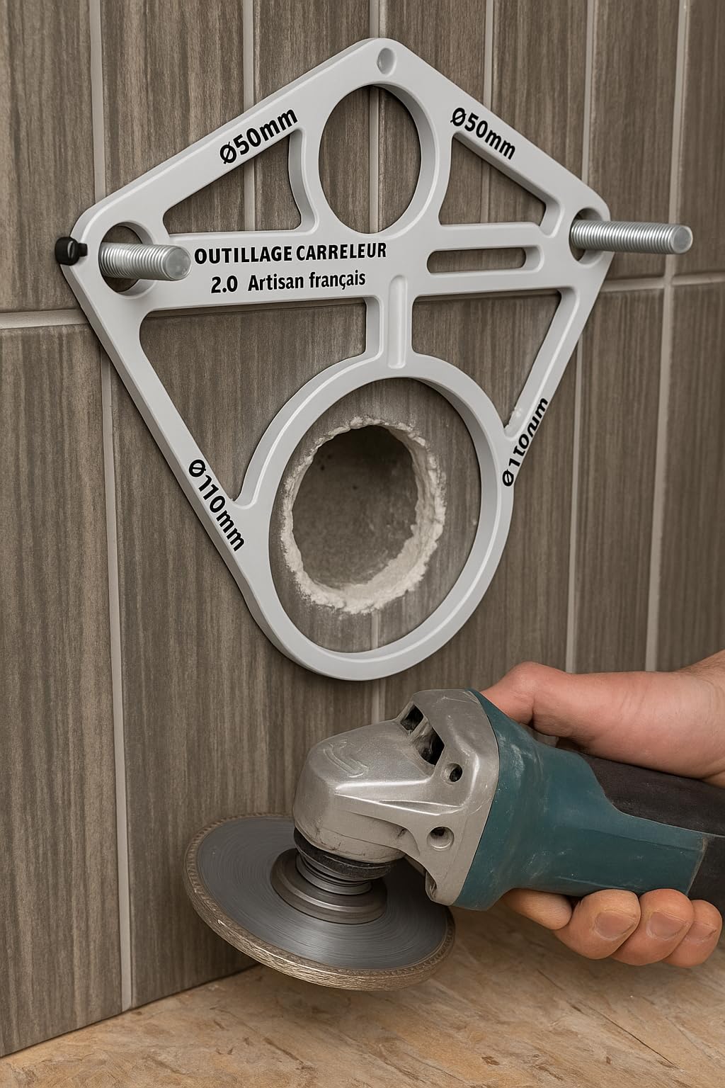 Gabarit de perçage pour bâti support WC suspendu – 6 diamètres (Ø20 à Ø120 mm) – Outil de traçage chantier – Outillage Carreleur 2.0 – Artisan Français