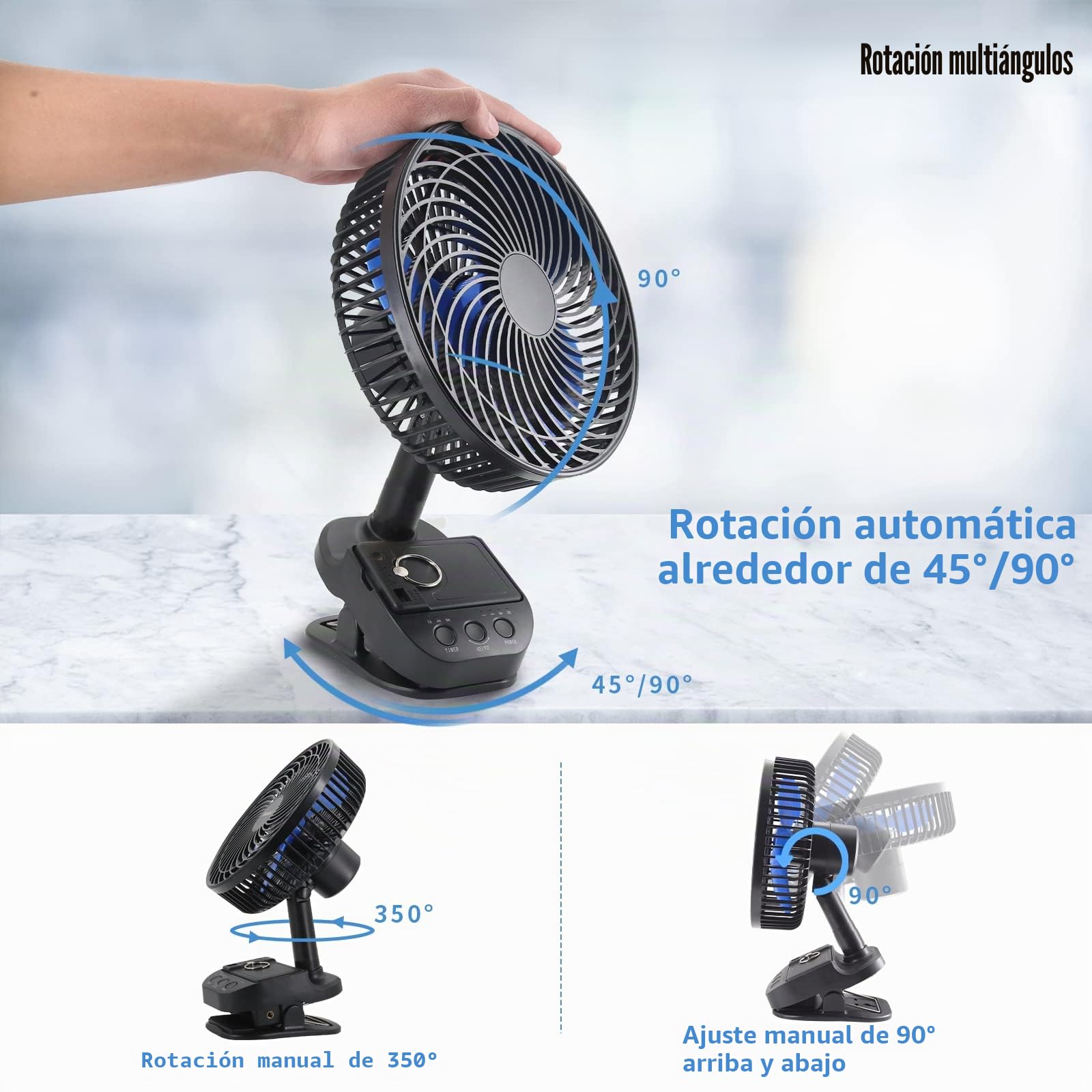 ATEngeus Ventilador USB 4 en 1, 8'' Pinza Ventiladores, 10000 mAh Recargable Batería Ventilador, 5 Velocidades Camping Ventilador, Rotación automática de 45°/90°, Temporizador, con clip y gancho