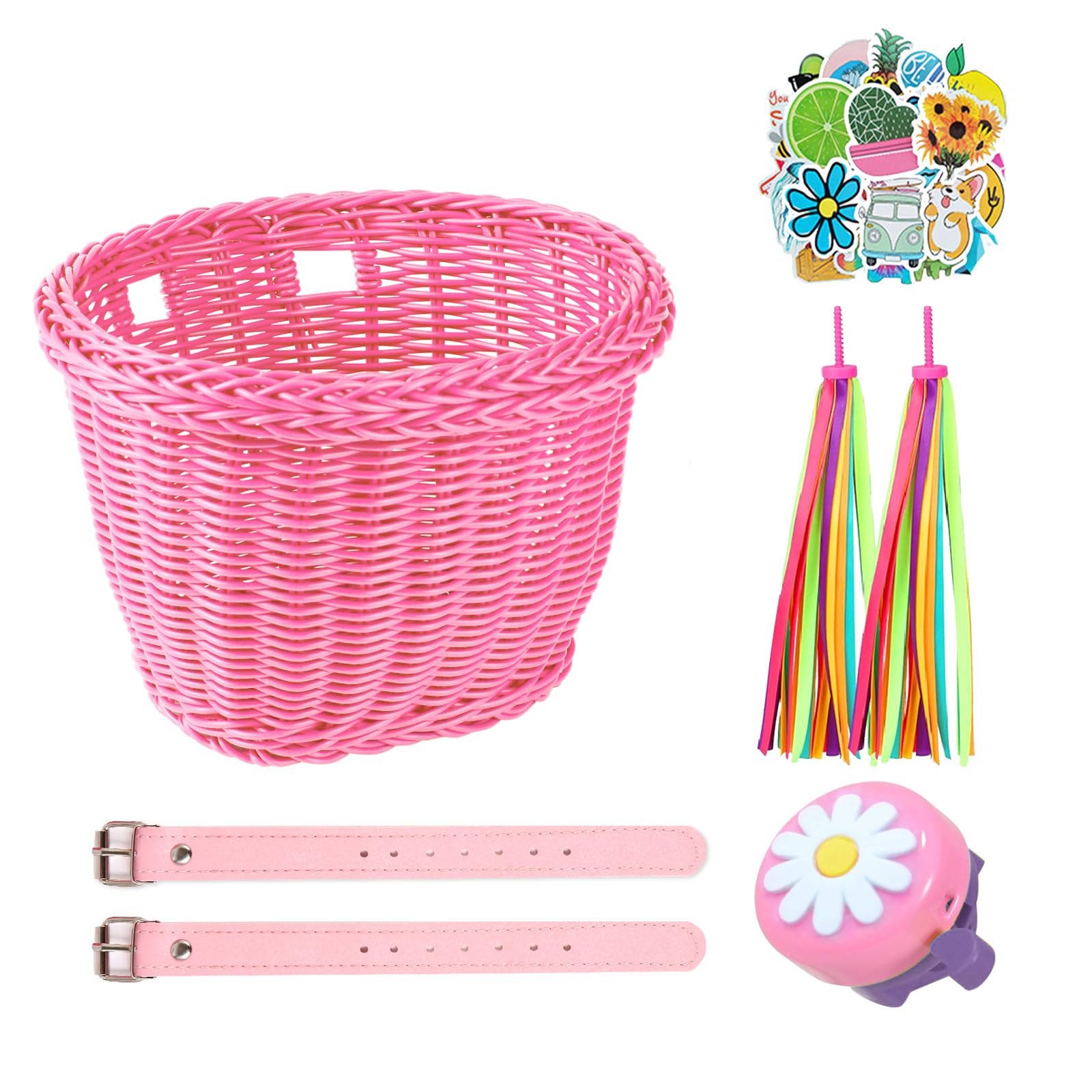 SVNR Kids Bike Basket, Wicker Girl Bike Basket,Bike Handle Bowknot Streamers and Bell,Children Cycling Basket with Spare Leather Straps,Easy Install Detachable (Pink with sticker)