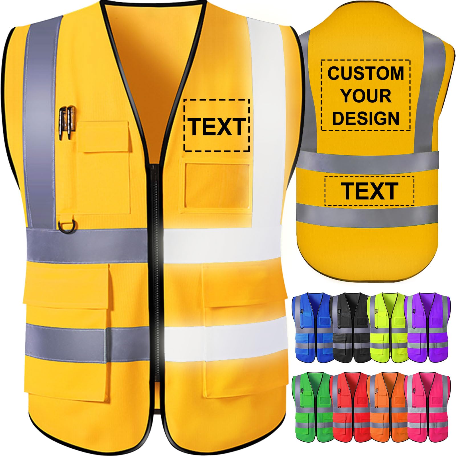 Custom Safety Vest for Men with Logo Pockets Gold High Visibility Reflective Vests Construction Security Workwear Outdoor Protective โ image 1