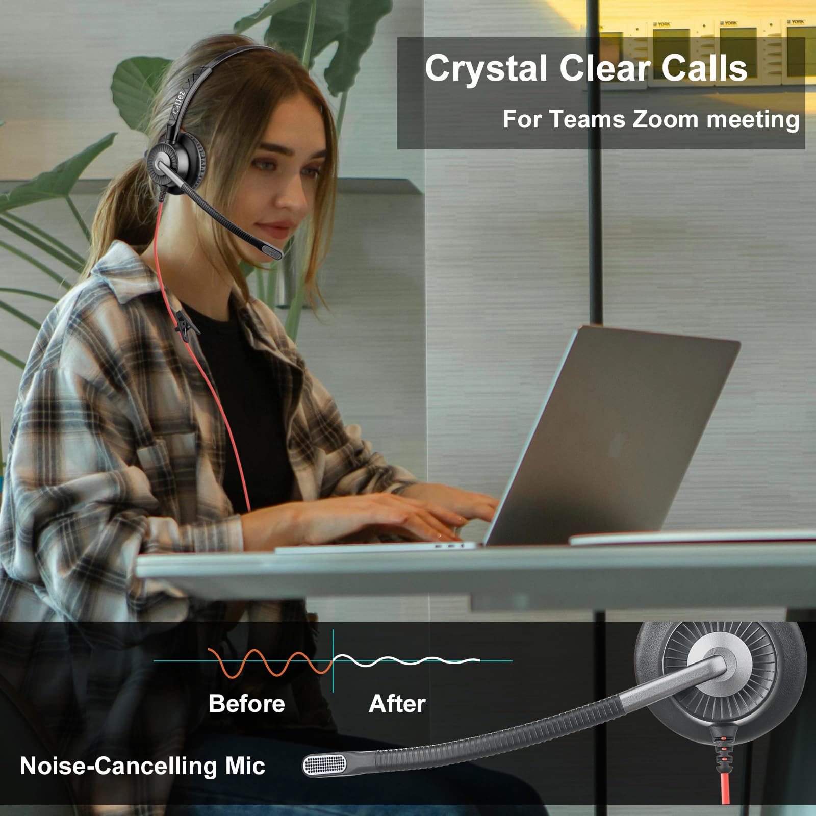 Callez G700TA - Auriculares USB con micrófono con cancelación de ruido, auriculares con cable para PC portátil (Windows/Mac) Teams Zoom Skype ligeros y cómodos para oficina en casa