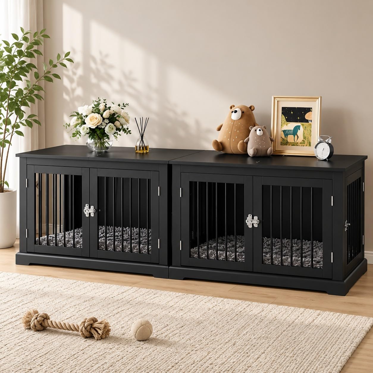 HOLTICO Mueble Jaula para Perros Grandes,Tapa Abatible,Tubos de Metal Antimordeduras,Doble Puerta,Incluye Cojín,Interiores,Mesa Auxiliar Salón,98x71.2x79cm,(Negro*2)
