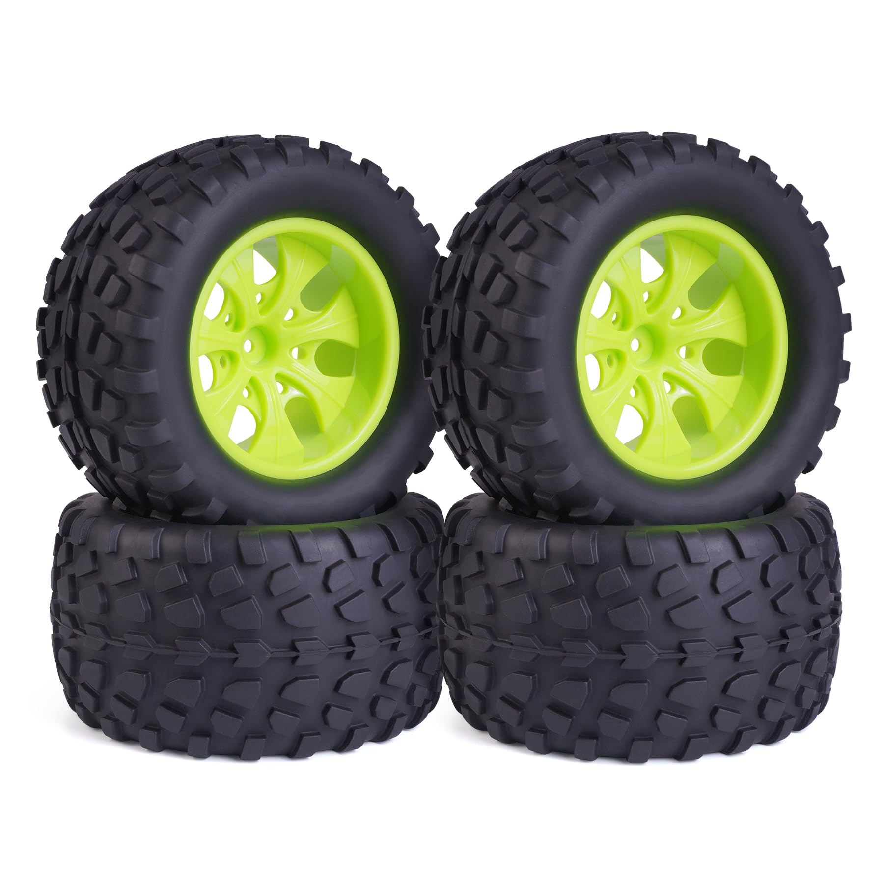 Hosim 70 * 125 mm RC Tires, All Terrain Soft Tire Mounted on 12mm Hex Wheels (Set of 4) for 1/10 RC Cars (Green Wheel hub)