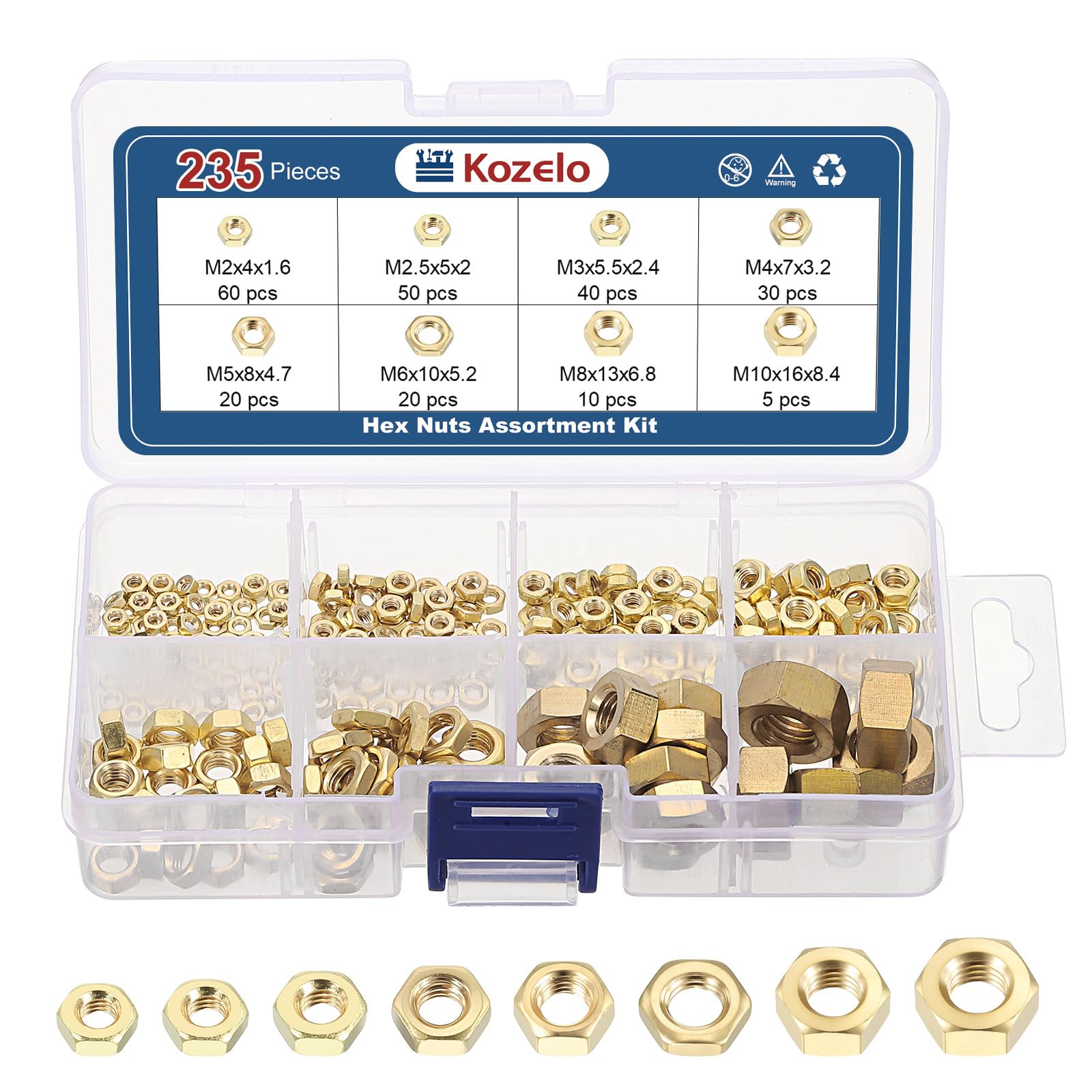 Kozelo 235pcs Hex Nuts Assortment Kit - [M2 M2.5 M3 M4 M5 M6 M8 M10] Brass Hardware Nuts Set for Mechanical Repair & Assembly, Electrical and Thermal Conductivity, Yellow