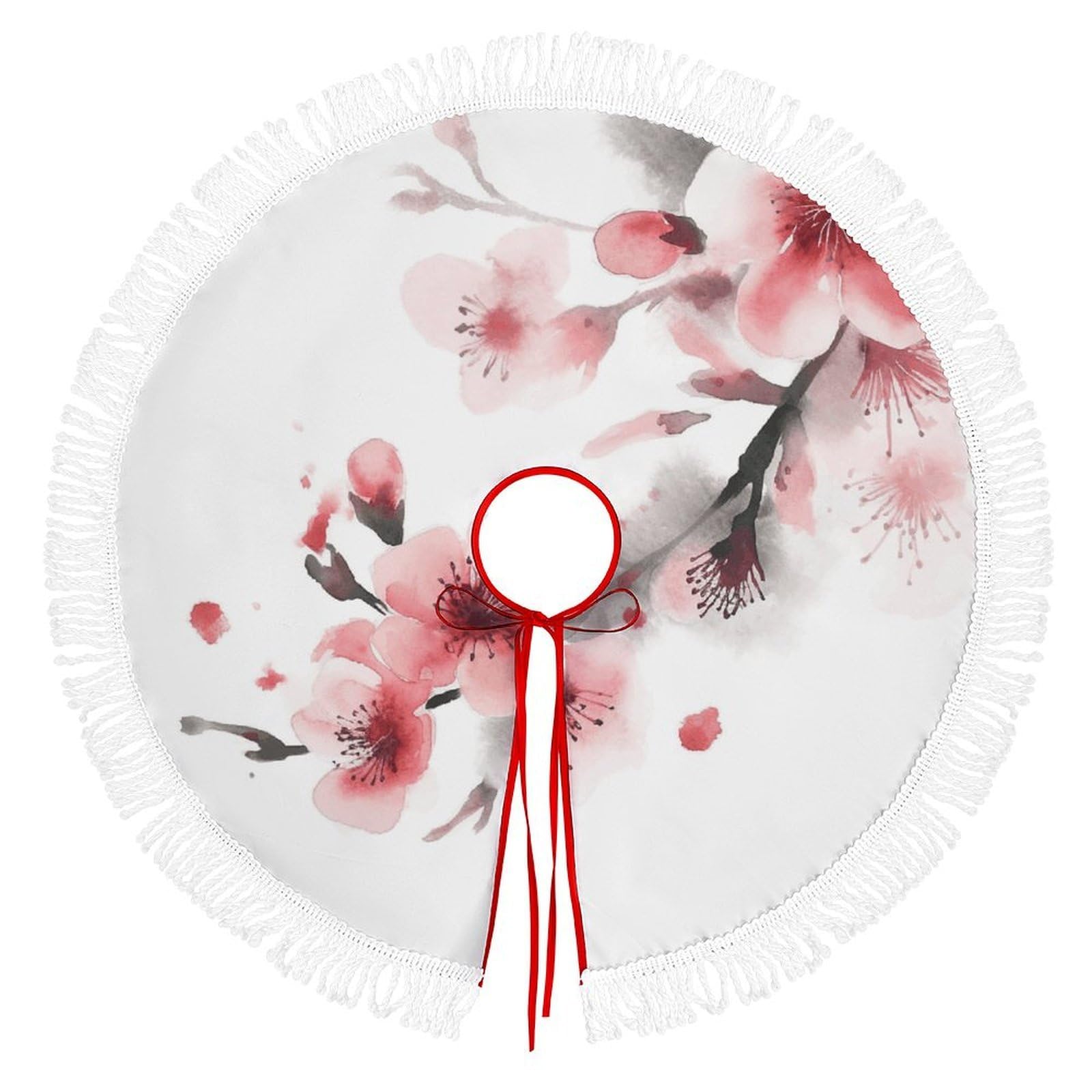 Asian Watercolor Pink Cherry Florals Christmas Tree Skirt Fashion Waterproof Trees Skirt Vintage Tree Skirts Farmhouse Decor Xmas Holiday Home Party Decorations