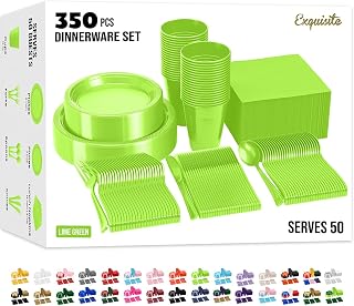 Party Solids 350 Pieces Lime Green Plastic Plates For Party, Lime Green Disposable Plates Set, 50 Of Each 9" Dinner Plate Set, 7" Dessert Plate, Cups, Napkins & Cutlery Plastic Dinnerware