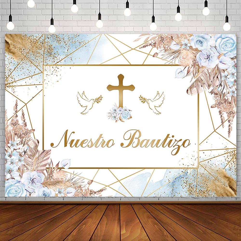 AIBIIN 7x5ft Boho Mi Bautizo Backdrop Nuestro Bautizo Baptism God Bless First Holy Communion Christening Party Decorations Blue Floral Pampas