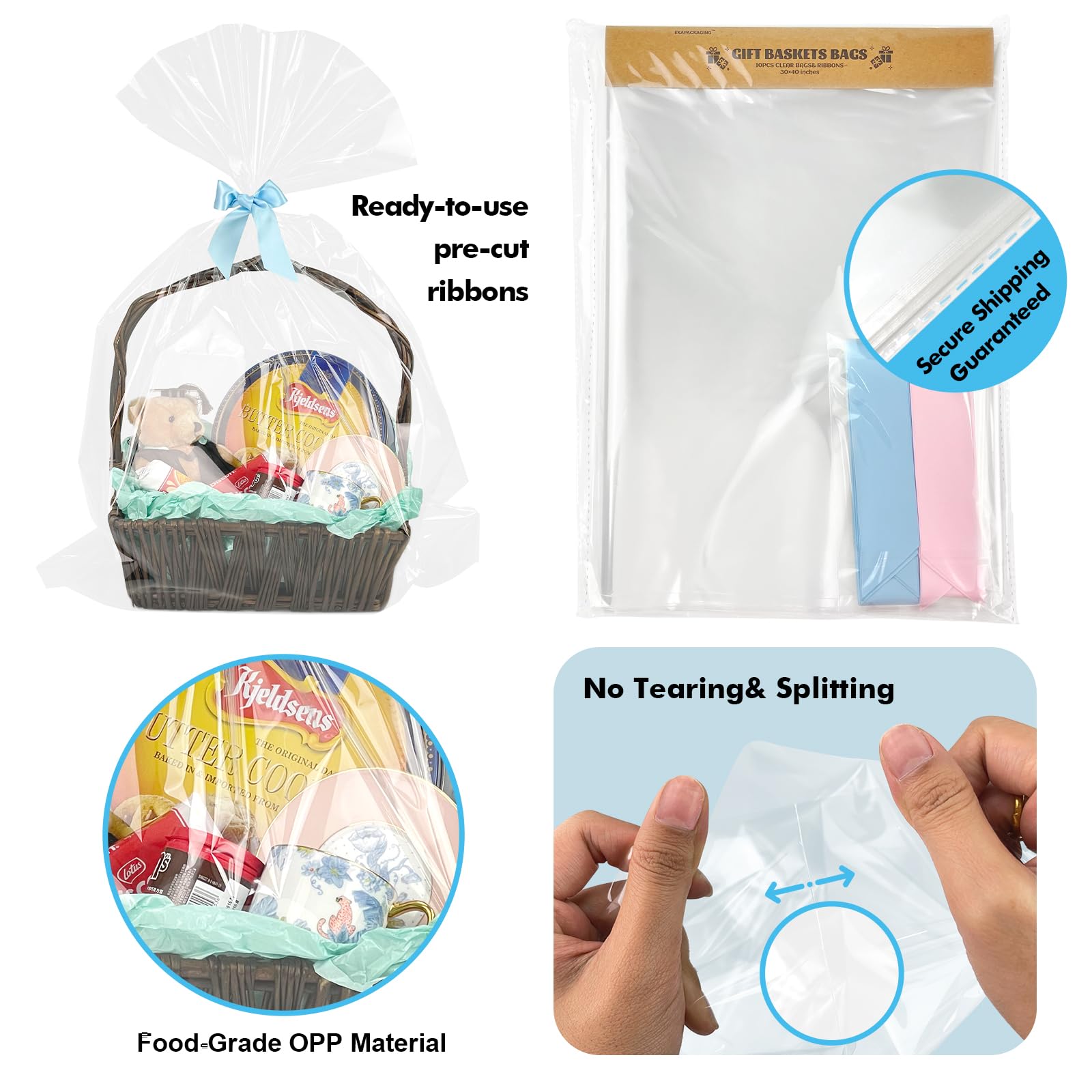 EKAPACKAGING Sacchetti trasparenti in cellophane, 76 x 101 cm, 10 pezzi, con nastri, sacchetti regalo per Pasqua, festa della mamma, bomboniere, snack, imballaggi alimentari, baby shower, confezioni
